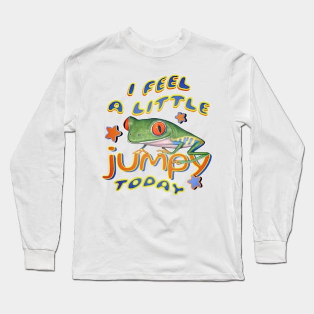 Funny and cute red eyed tree frog that is feeling a little jumpy today tee Long Sleeve T-Shirt by Danny Gordon Art